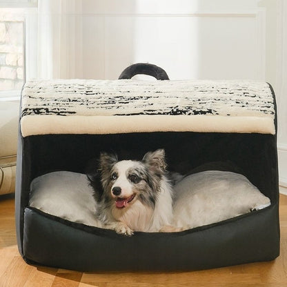Dog relaxing in black enclosed pet house bed