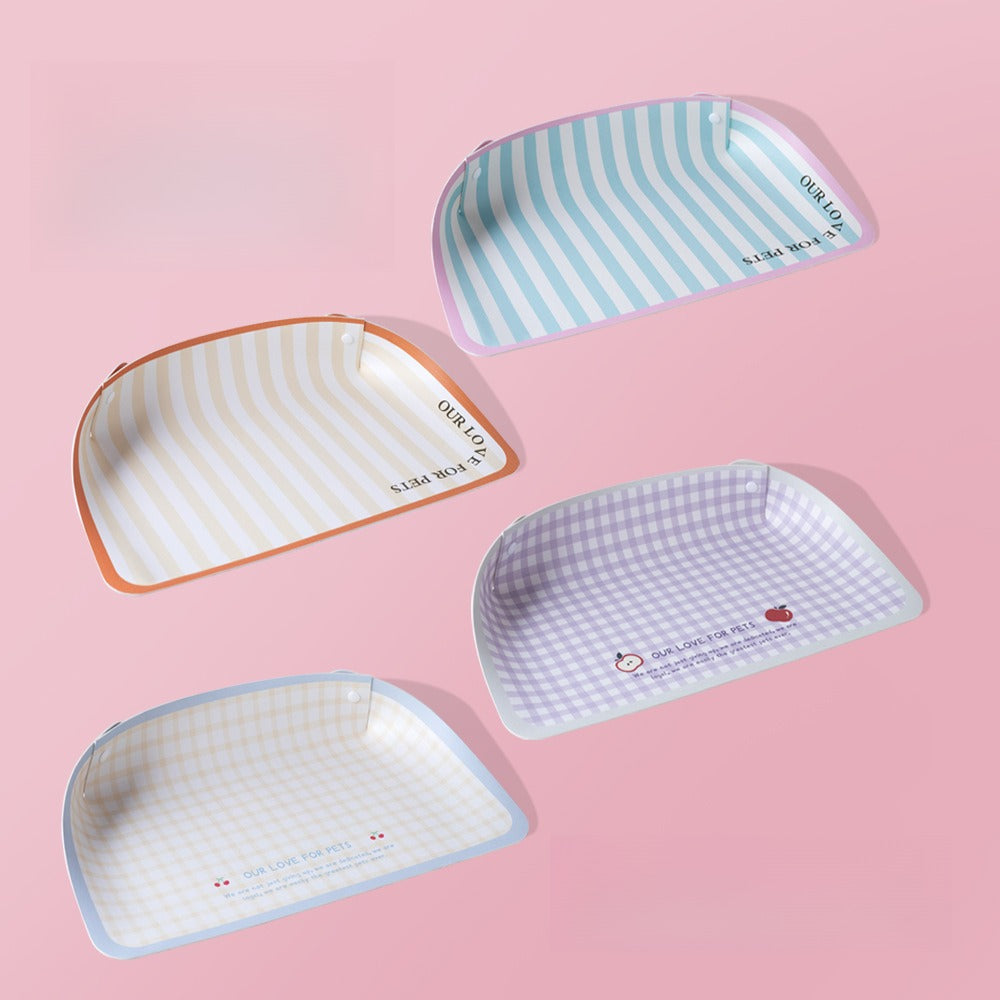 Pastel raised-edge pet feeding mats in stripe and gingham patterns