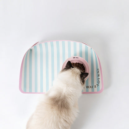 Ragdoll cat eating on a mint striped waterproof feeding mat