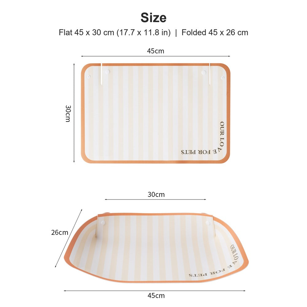 Pet feeding mat size: 45 x 30 cm flat, 45 x 26 cm folded