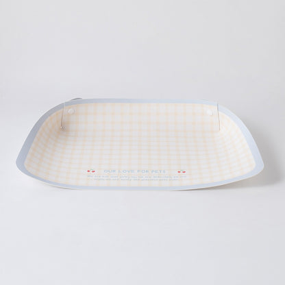 Cream Gingham PU leather pet feeding mat with raised edges