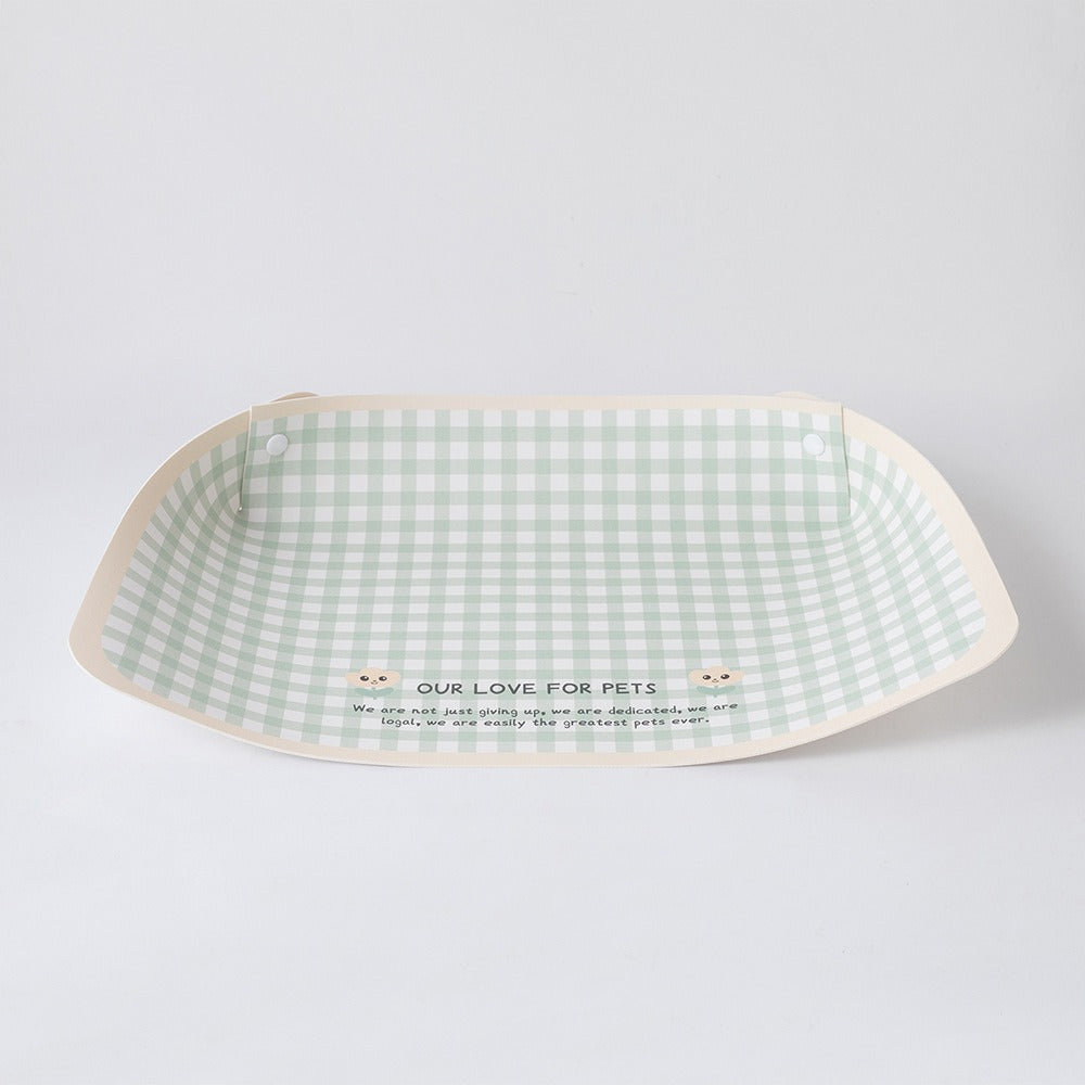 Sage Gingham PU leather pet feeding mat with raised edges