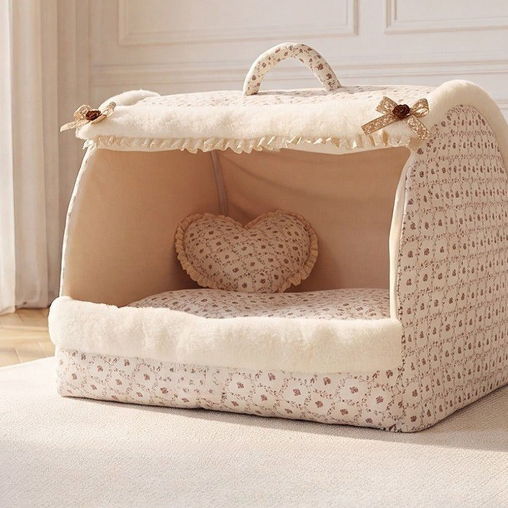 Cream Floral semi-enclosed pet house bed with ruffle trim and bows