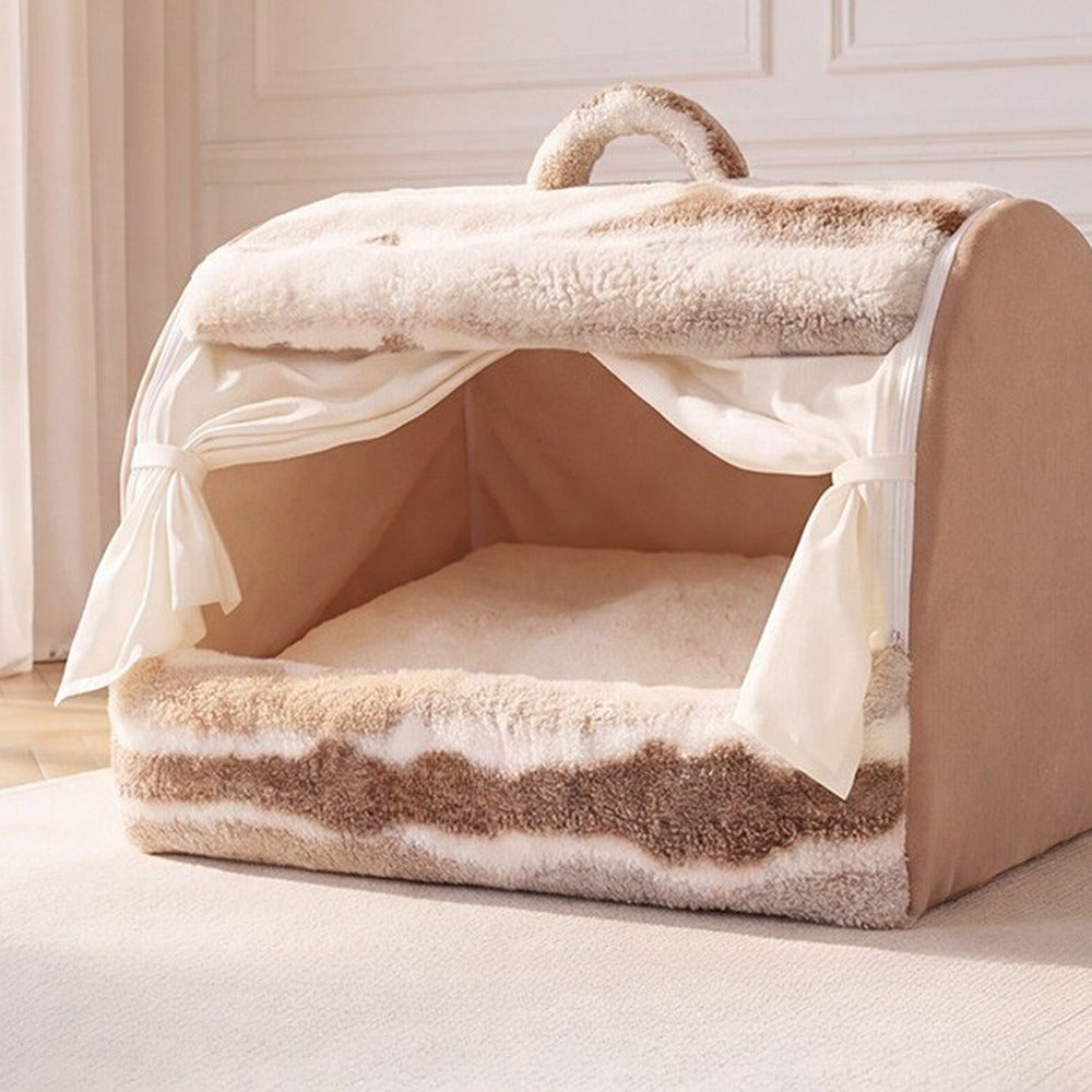 Mocha Plush pet house bed with faux fur roof and tie-back curtains