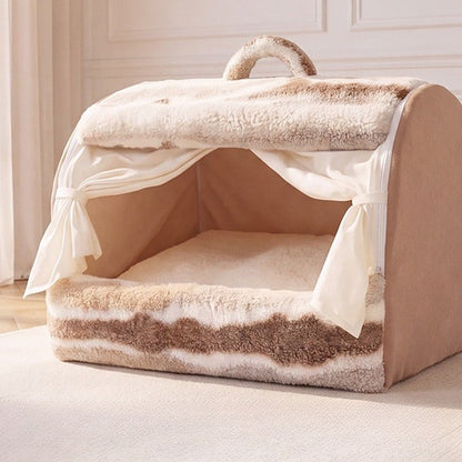Mocha Plush pet house bed with faux fur roof and tie-back curtains