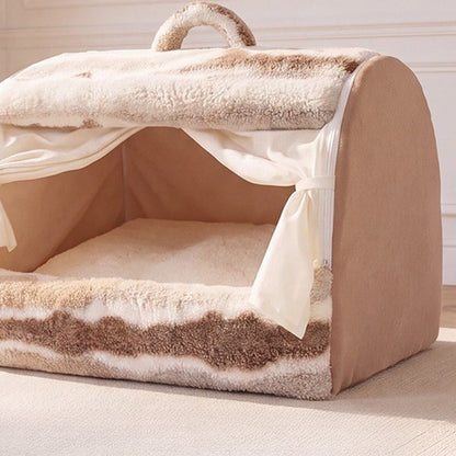 Close-up of the Mocha Plush pet house curtains and soft cushion