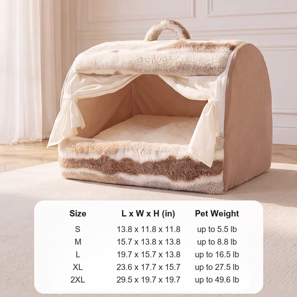 Mocha Plush pet house bed size chart S to 2XL