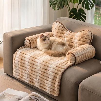 Striped Faux Rabbit Fur Sofa Pet Bed with Cat-Ear Headrest