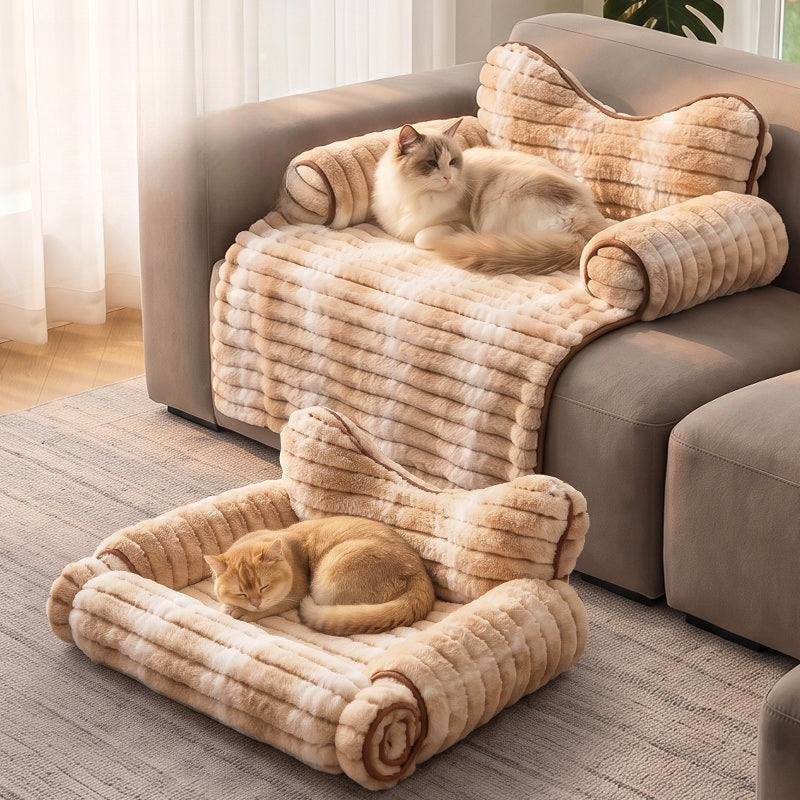 Striped Faux Rabbit Fur Sofa Pet Bed with Cat-Ear Headrest
