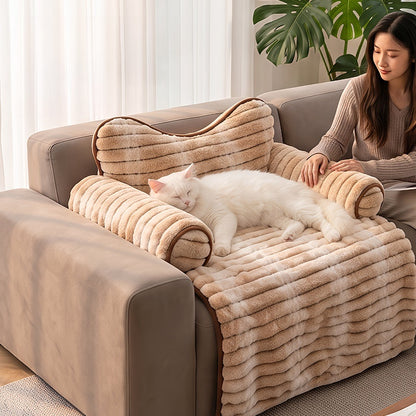 Striped Faux Rabbit Fur Sofa Pet Bed with Cat-Ear Headrest