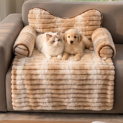 Striped Faux Rabbit Fur Sofa Pet Bed with Cat-Ear Headrest