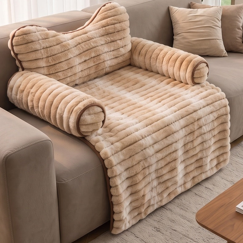 Striped Faux Rabbit Fur Sofa Pet Bed with Cat-Ear Headrest