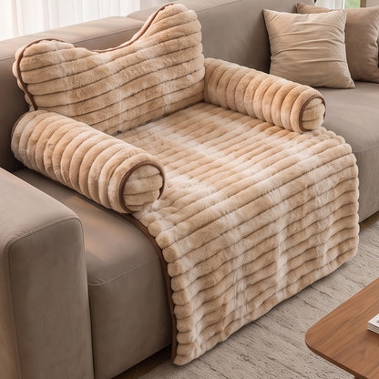 Striped Faux Rabbit Fur Sofa Pet Bed with Cat-Ear Headrest