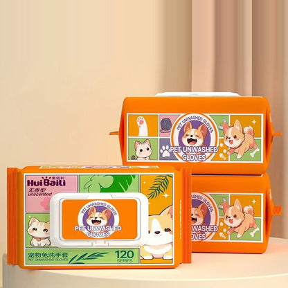 Stacked packs of no-rinse pet cleaning gloves