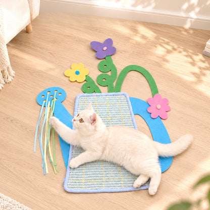 Watering Can Sisal Cat Scratcher - Stick-On Wall & Sofa Scratch Pad with Felt Flowers and Ribbon Toy