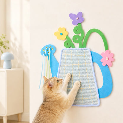 Watering Can Sisal Cat Scratcher - Stick-On Wall & Sofa Scratch Pad with Felt Flowers and Ribbon Toy