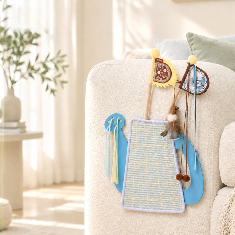 Watering Can Sisal Cat Scratcher - Stick-On Wall & Sofa Scratch Pad with Felt Flowers and Ribbon Toy