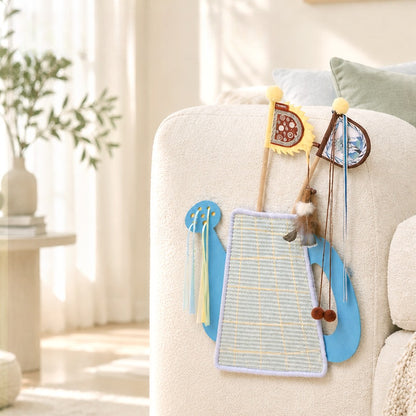Watering Can Sisal Cat Scratcher - Stick-On Wall & Sofa Scratch Pad with Felt Flowers and Ribbon Toy