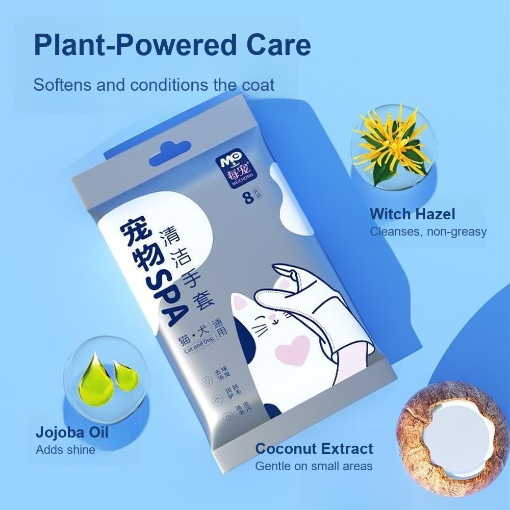 Pet bath glove pouch with witch hazel, jojoba oil and coconut extract